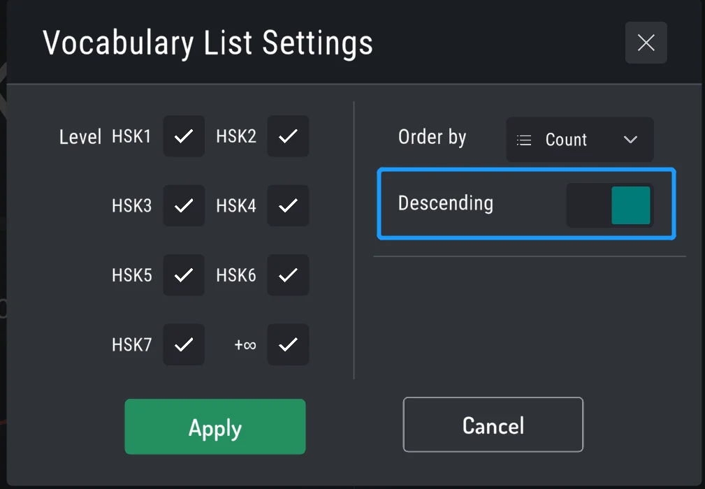 If you select the “Descending” button, the words will be sorted from largest to smallest. If not, the other way around.