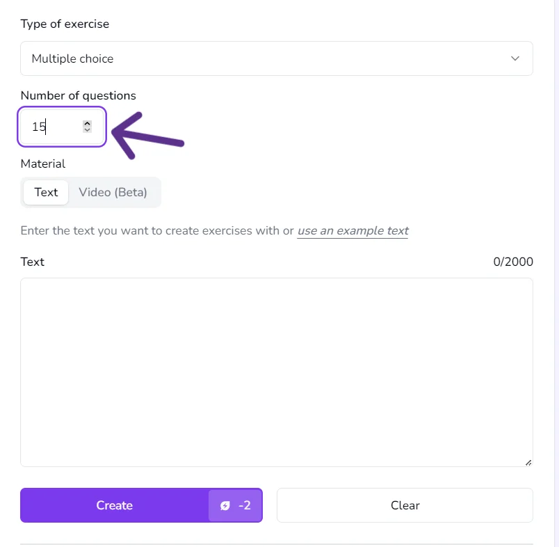 Choose the number of questions to create on the Exercise Creator feature of Next Hub. Premium users can create up to 15 questions!