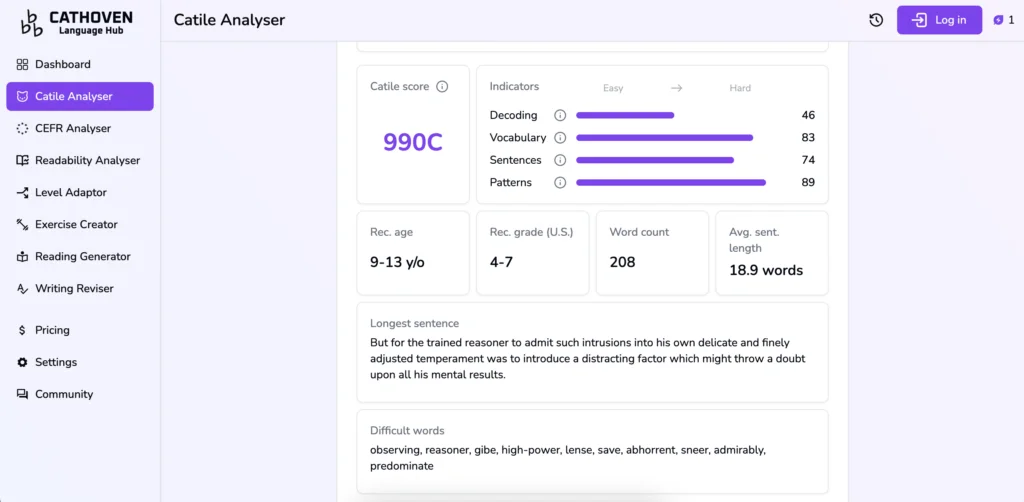 How to use Lexile scores and Lexile alternatives. This screenshot shows the Catile Analyser.