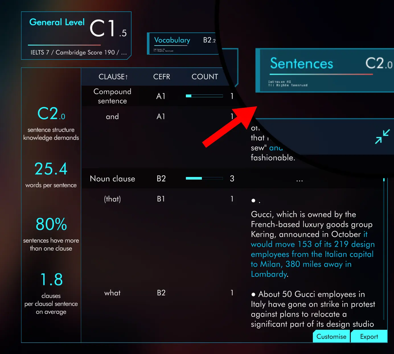 Cathoven CEFR Checker can analyse sentence structure