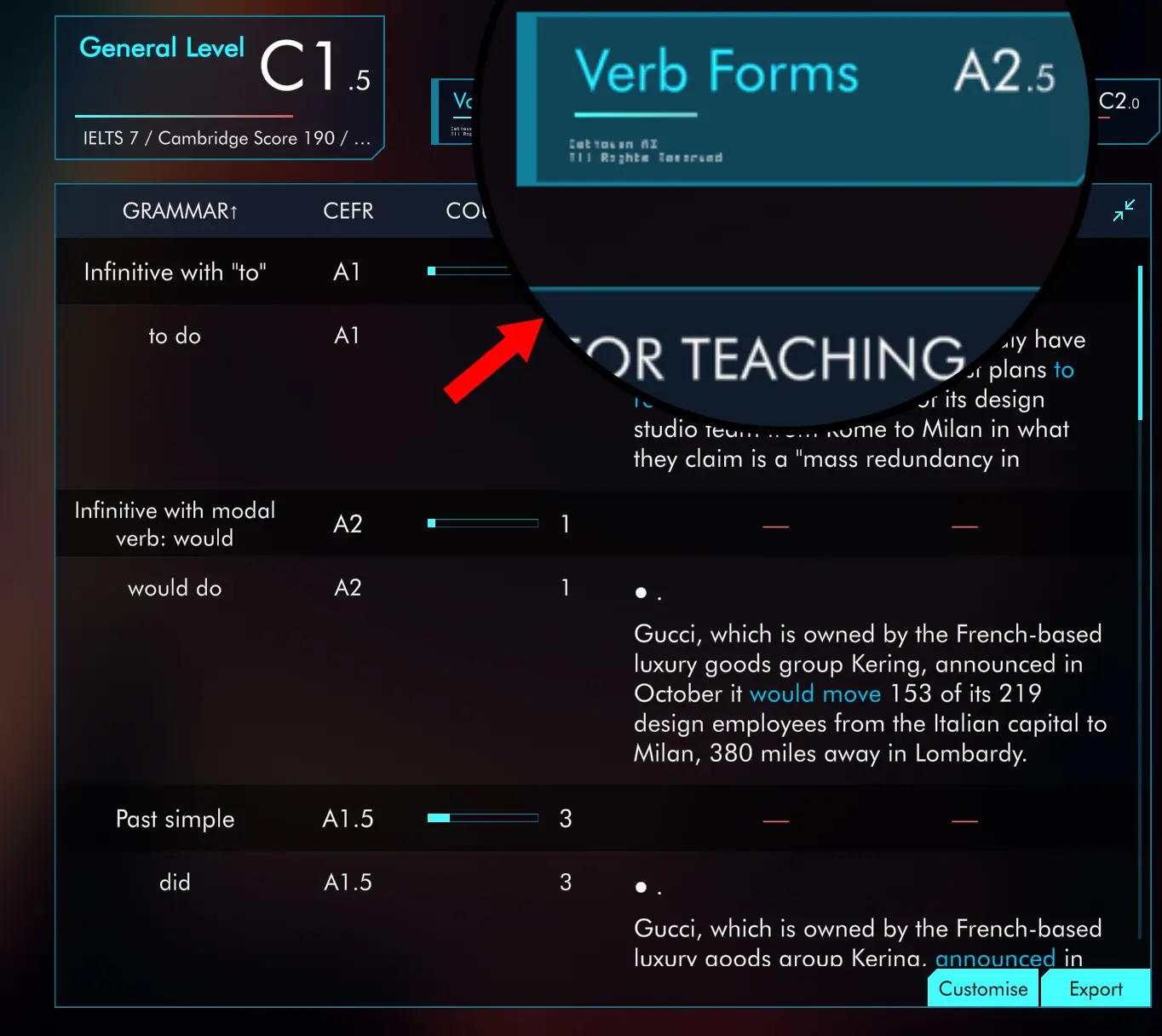 Click Verb Forms to check full CEFR report on every verb form.