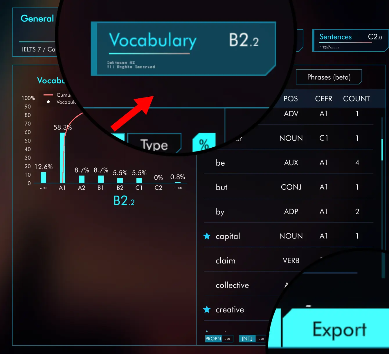 Click Vocabulary Tab for CEFR Levels per Word.